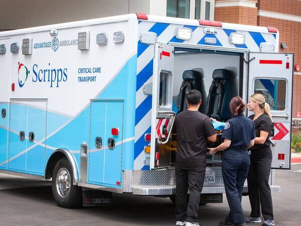 Scripps Critical Care Transport Team load a patient into the ambulance.