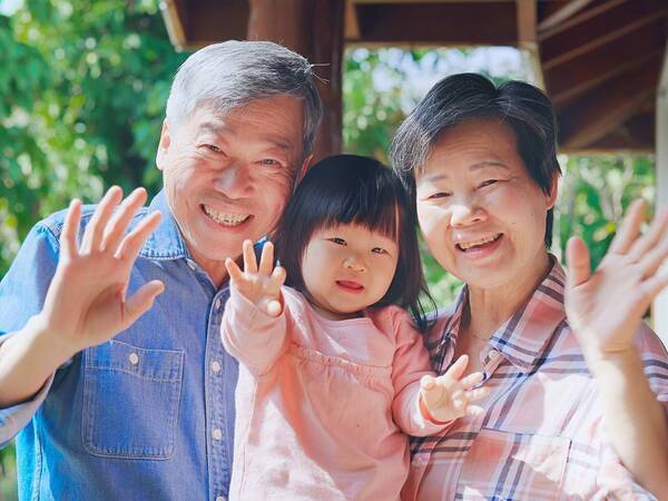 A pair of grandparents bond with their young grandchild.