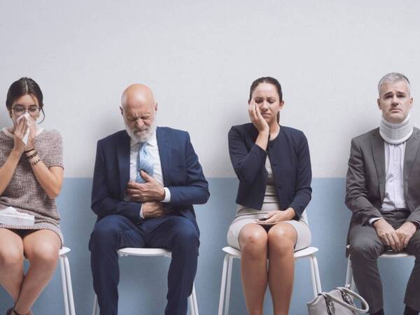 A group of people sit in the emergency room waiting to be called.