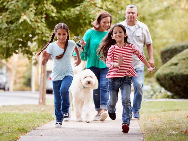 A family of four enjoys a brisk walk on a sunny day, one of many summer activities recommended for the whole family.