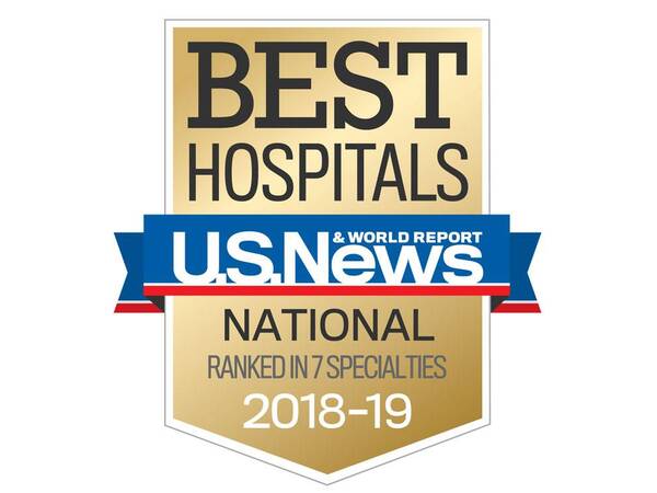 The 2018-2019 US News & World Report Badge shows Scripps was ranked nationally in seven clinical specialties.
