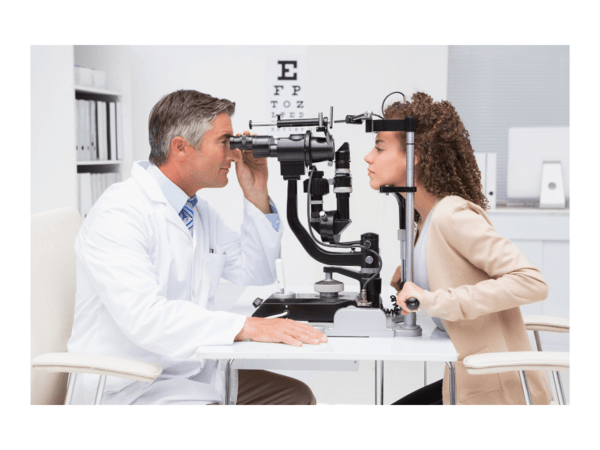 An eye doctor, either ophthalmologist or optometrist, performs an eye examination.