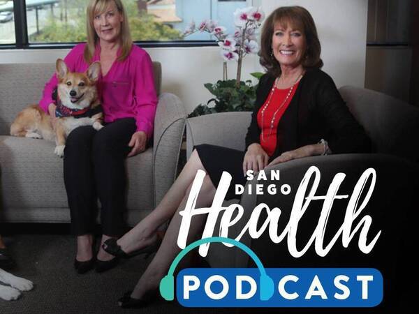 Rosemary Van Gorder, Jill Sandman, Susan Taylor and pet therapy dogs Amber and JoJo, discuss the benefits of pet therapy team volunteers on San Diego Health podcast.