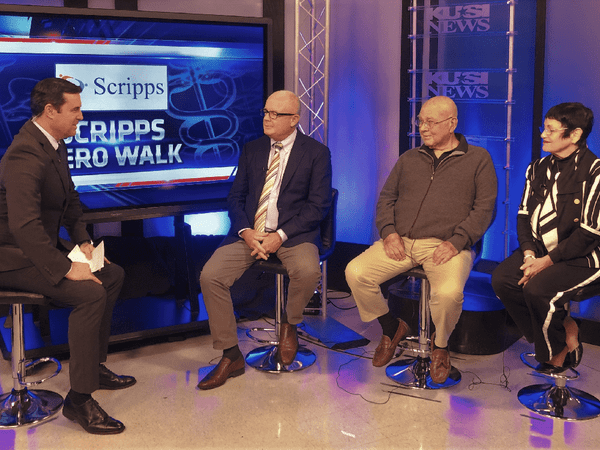 KUSI featured Christopher Marsh, MD, Scripps Clinic transplant surgeon; John Tiefenbaum, kidney transplant recipient and Susan Tiefenbaum, living kidney donor. She received hero walk at Scripps Green.