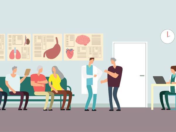 An illustration for Medicare wellness visit article, showing doctor with patients in office.