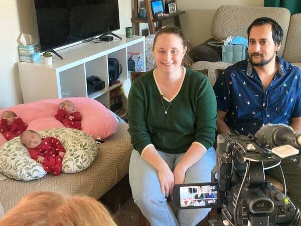 New parents Stacie and Neal Radia talk to a CBS8 reporter as they celebrate their first Christmas as a new family of five with their newborn triplets born at Scripps Memorial Hospital La Jolla.