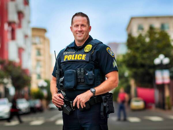 San Diego police sergeant Anthony Elliott’s is back to work after undergoing life-saving care at Scripps.