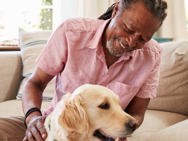 A mature black man with dreadlocks pets his Golden Retriever dog.